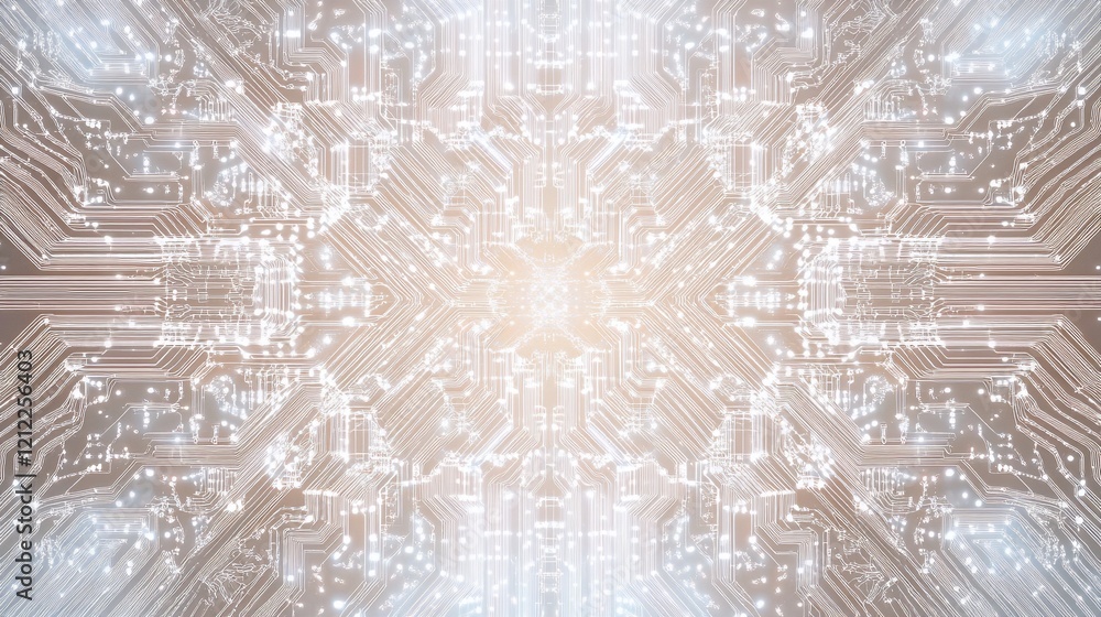 Aufkleber Abstract symmetric circuit board pattern with glowing lines and beige background.