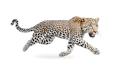 Leopard running at full speed isolated on white background