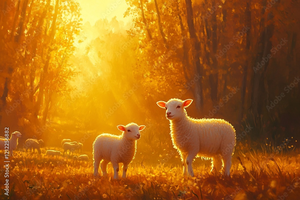 Poster two lambs stand in a sunlit autumnal forest pasture with a flock of sheep in the background.
