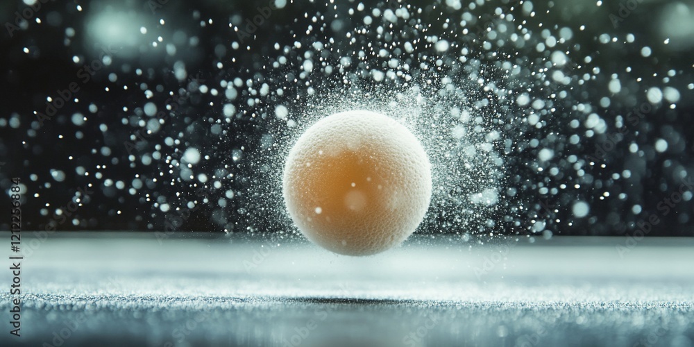 Poster Close-up of a dissolving sphere with splashing particles against a dark background.