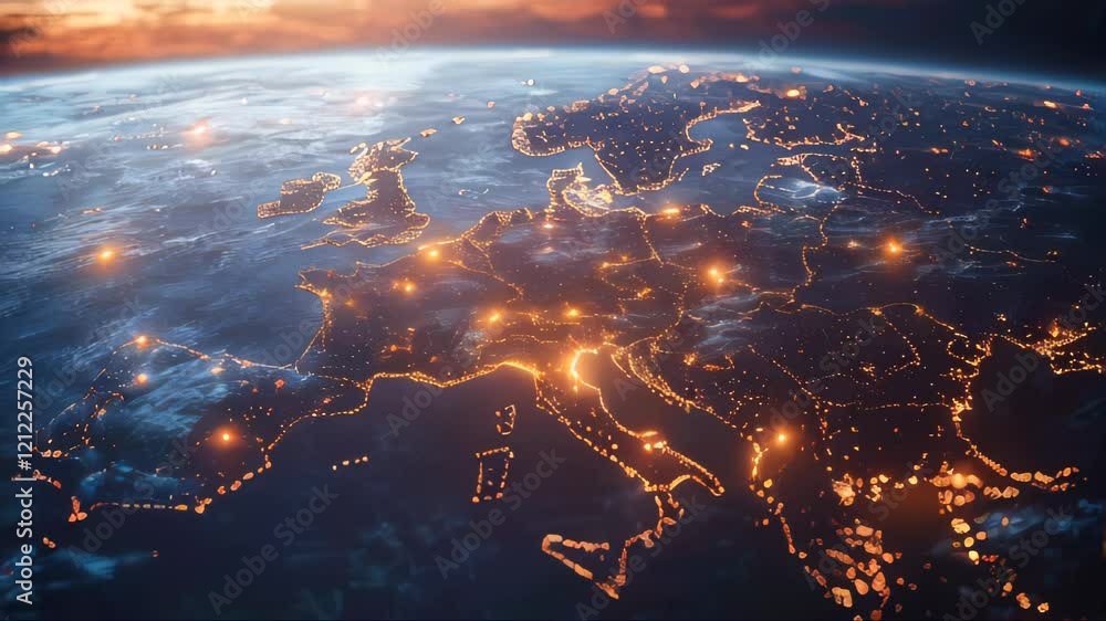 Poster aerial view of illuminated global trade routes showing digital connectivity and worldwide network of