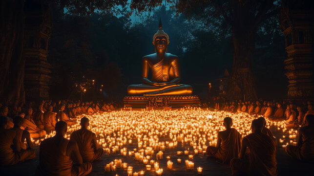 Makha Bucha Day, night view at a temple with a huge Buddha statue surrounded by thousands of candles, monks and believers praying together in silence