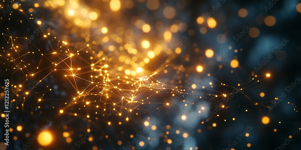 Poster abstract glowing network, golden nodes and connections.