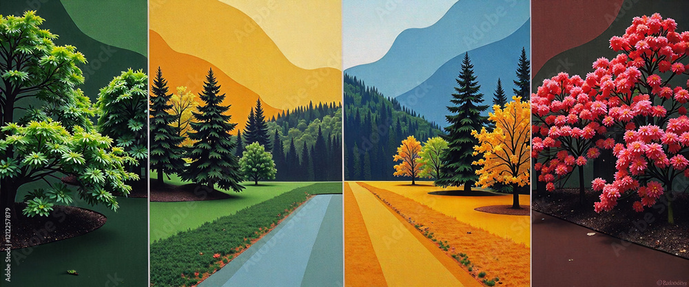 Poster a series of four paintings of trees in different seasons. the paintings are all of the same size and