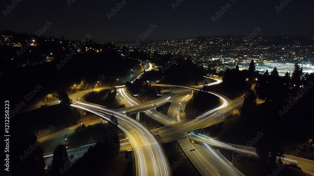 Poster night aerial view of a complex highway interchange with light trails.
