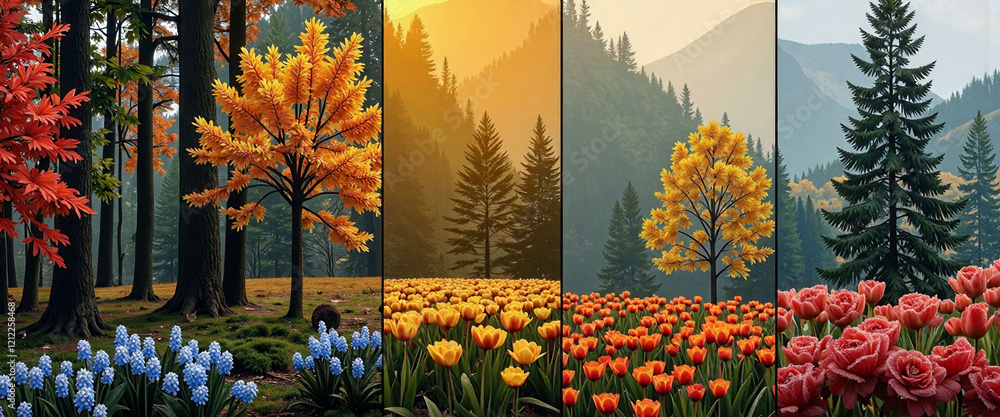 Poster a series of four paintings of trees in different seasons. the paintings are all of the same size and