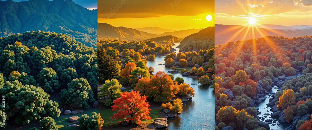 Poster a series of four paintings of trees in different seasons. the paintings are all of the same size and