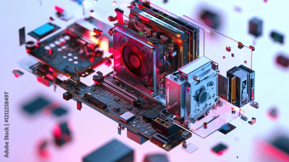 Poster high-fidelity 3d render exploded view of gaming pc in futuristic environment