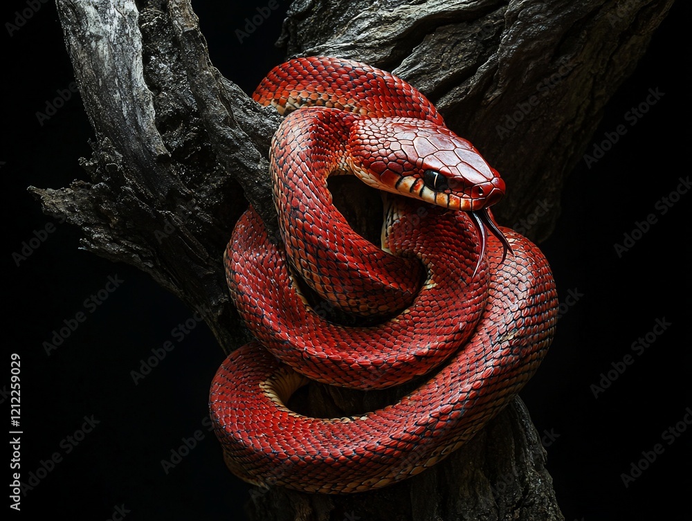 Poster red snake coiled around a tree branch on black background.
