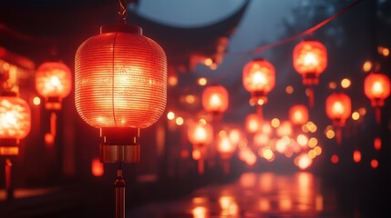 A string of red lanterns glowing in a night sky, marking the arrival of the Lunar New Year 2025....