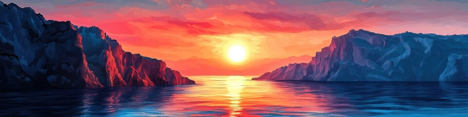Fototapeta premium Santorini Sunset Over Cliffs, enchanting colors blend as the sun dips below the horizon, Aegean Sea glimmers, creating a breathtaking vista