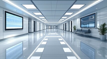 Naklejka premium Inside a biotechnology research facility with clear digital displays projecting genetic data, illuminated by sleek lab lighting, creating an innovative atmosphere for advanced scientific studies.