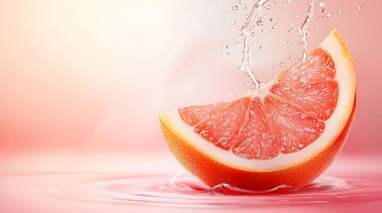 Juicy grapefruit slice splashing in water, pink background.  Food ad