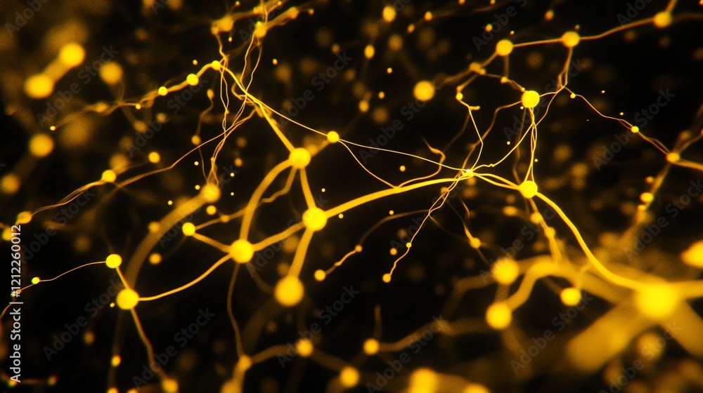 Aufkleber abstract network of glowing golden nodes and connections on a black background.