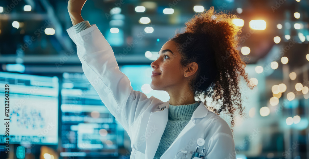 Poster a female scientist interacts with a holographic display in a modern lab setting