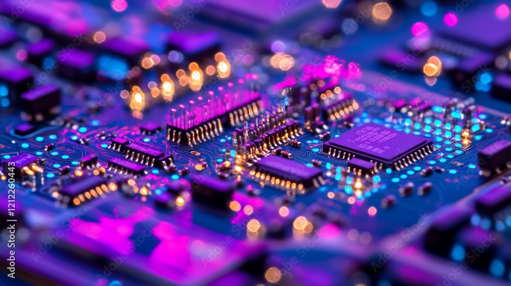 Poster Close-up of illuminated circuit board with microchips and components.