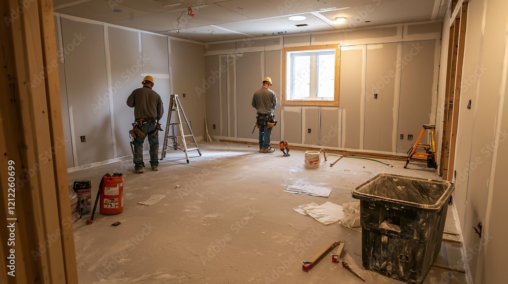 Poster two construction workers installing drywall in a new basement.