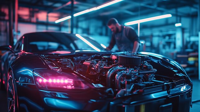 Mechanic inspecting sports car engine in garage
