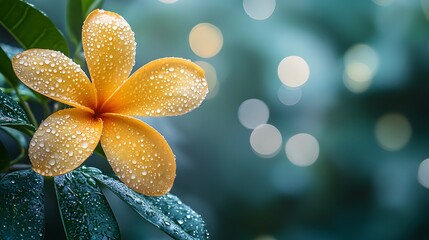Fototapeta premium Vibrant yellow tropical flower displays delicate petals adorned with morning dew drops, set against soft bokeh background with green leaves in fresh spring atmosphere.