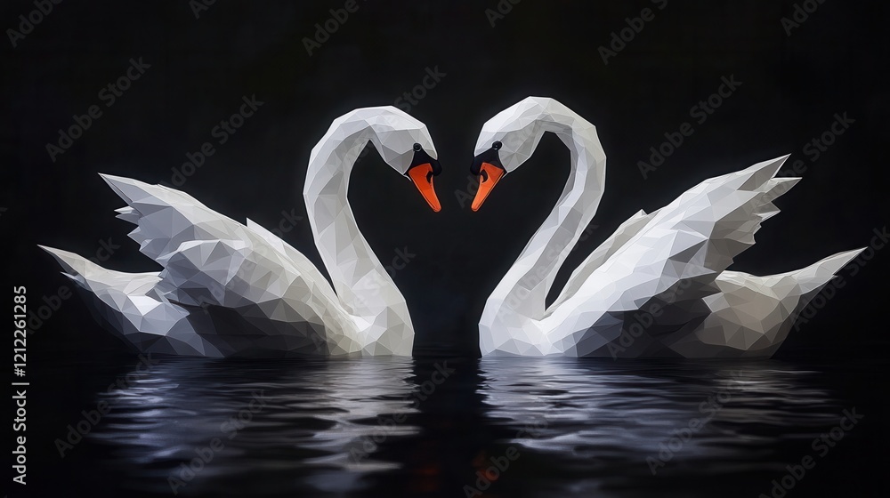 Poster minimalist swans embracing, elegant low poly design of two swans creating a heart shape with their n