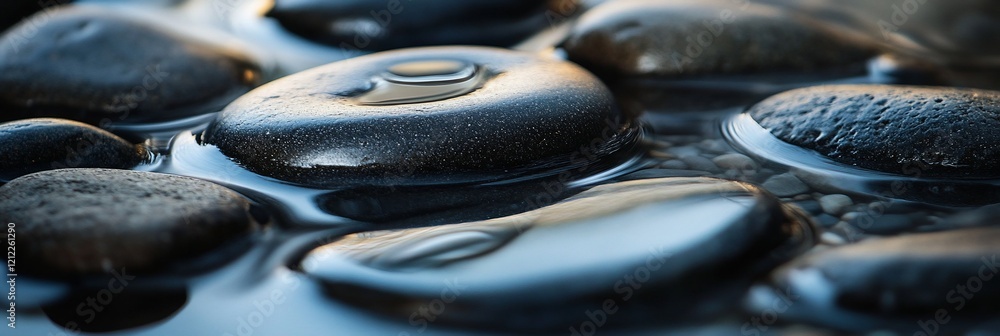 Poster close-up of smooth, dark stones partially submerged in water, showing reflections and water droplets