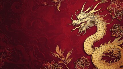 Majestic Dragon Illustration, Cultural Heritage Artwork, Vibrant Red Background, Artistic Environment, Detailed Viewpoint, Symbol of Power