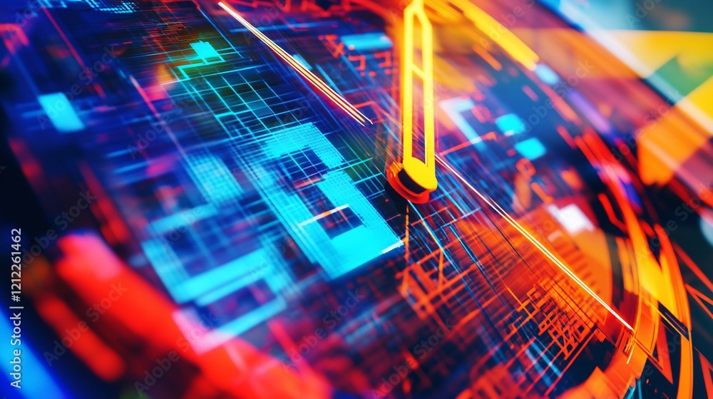 Poster abstract close-up of a vibrant, futuristic clock face with glowing digital elements and moving hands