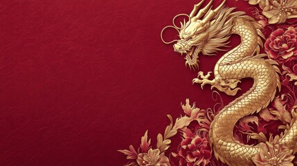 Majestic Golden Dragon Emblem, Traditional Chinese Art, Graphic Design, Rich Red Background, Close-Up View, Cultural Significance