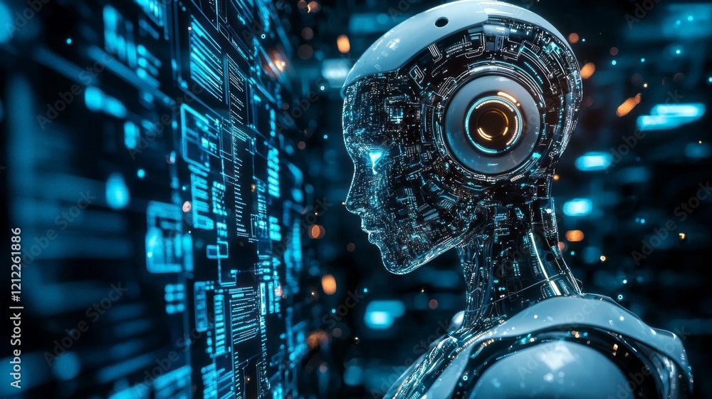 Poster A humanoid robot with glowing circuits interacts thoughtfully with a wall of dynamic digital data. The setting is a high-tech environment, rich in innovation and exploration
