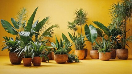 Fototapeta premium lush green indoor plants in terracotta and woven pots pops against a bold yellow wall, creating a stylish and refreshing indoor garden display