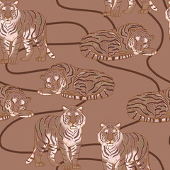 Monochrome animal brown pattern. Sleeping tigers illustration in retro style