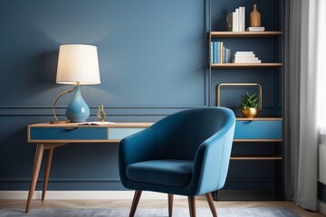 Contemporary Study Room Design With Upholstered Blue Chair
