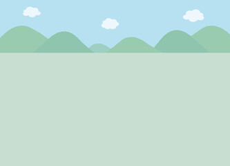 青空に浮かぶ白い雲と遠くに山が見えるシンプルな風景の背景
