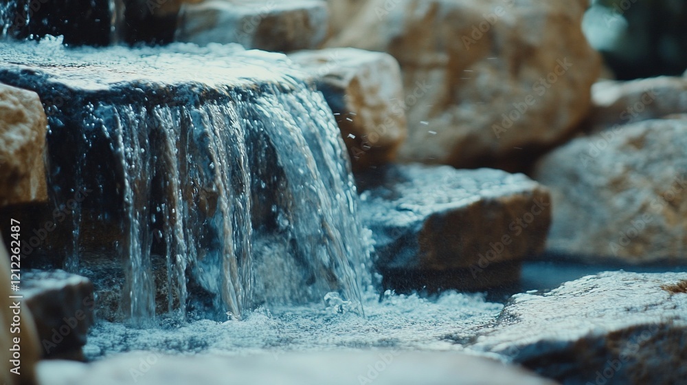 Poster cascading water flowing over rocks in a tranquil garden setting.