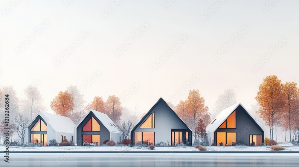 Poster minimalist row of triangular roofed houses, a clean and simple representation of geometric architect