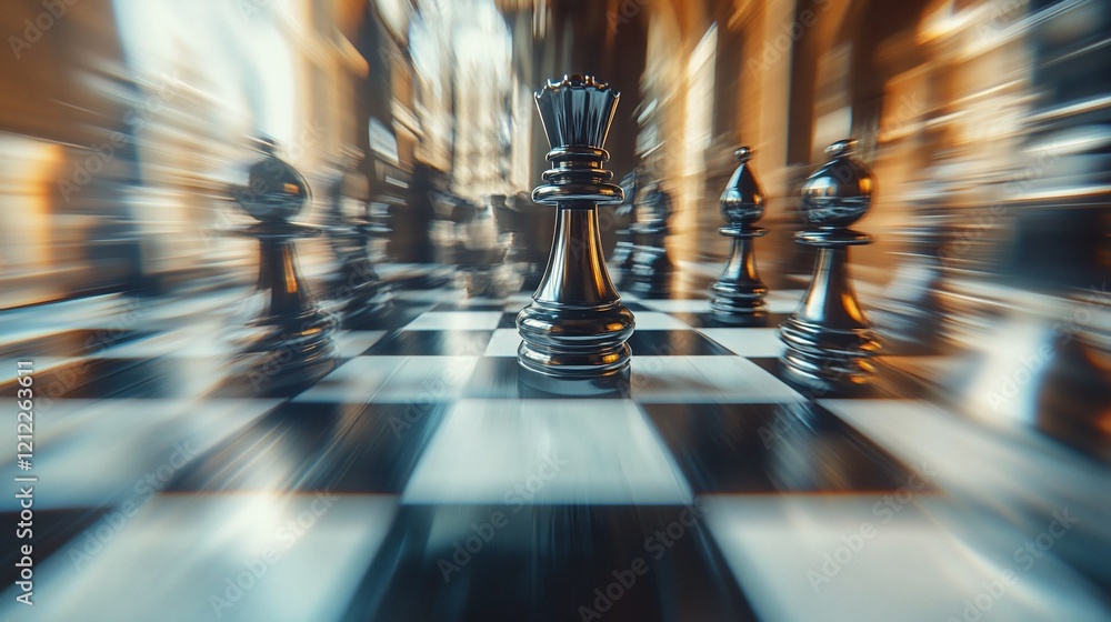 Poster Close-up of a chessboard with a queen in the foreground, blurred background suggesting rapid movement.