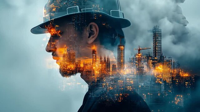 Industrial Burden: A double exposure image portrays a man wearing a hard hat, his form overlaid with a burning cityscape and industrial complex.