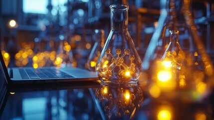 A professional lab where researchers are using molecular modeling in drug discovery, reviewing findings on a laptop with lab samples in the foreground, providing space for text or branding.