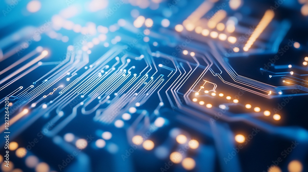 Fototapete close-up of illuminated circuit board showcasing intricate pathways and connections.