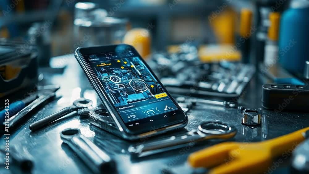 Poster modern smartphone displaying holographic futuristic interface with technical scheme and shopping car