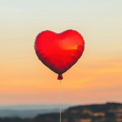 Fototapeta premium Red balloon shaped like a heart floating over a sunset