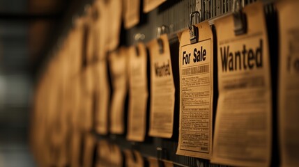 Vintage bulletin board with 'For Sale' and 'Wanted' notices