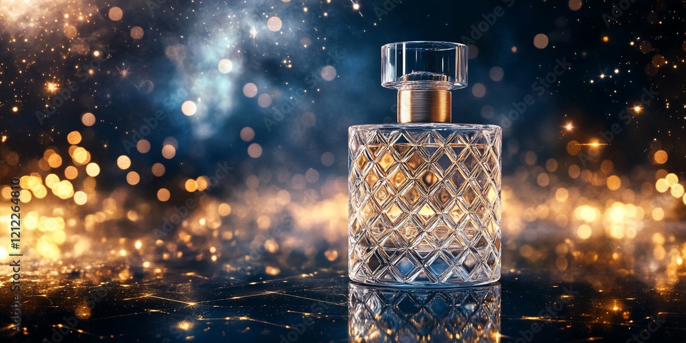 Poster elegant perfume bottle on dark background with bokeh lights.