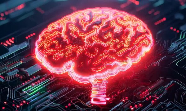 A futuristic digital brain design illuminated by red neon on a tech-themed background, symbolizing artificial intelligence and neural networks.