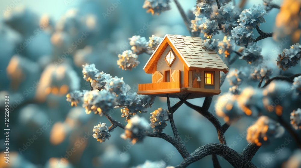 Poster treehouse serenity, a minimalist treehouse design intertwined with branches, showcasing low poly aes