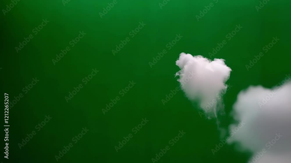 Poster realistic white cloud is gently floating and changing shape against a solid green screen background,