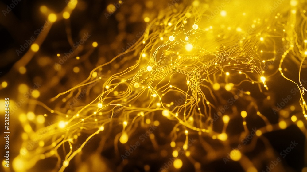 Poster Abstract golden glowing particles and lines forming a complex network structure on a black background.