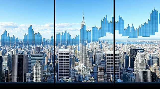 A cityscape provides the backdrop for a digital display showing falling interest rates, representing the economic outlook, with room for additional context or explanation of the financial situation.