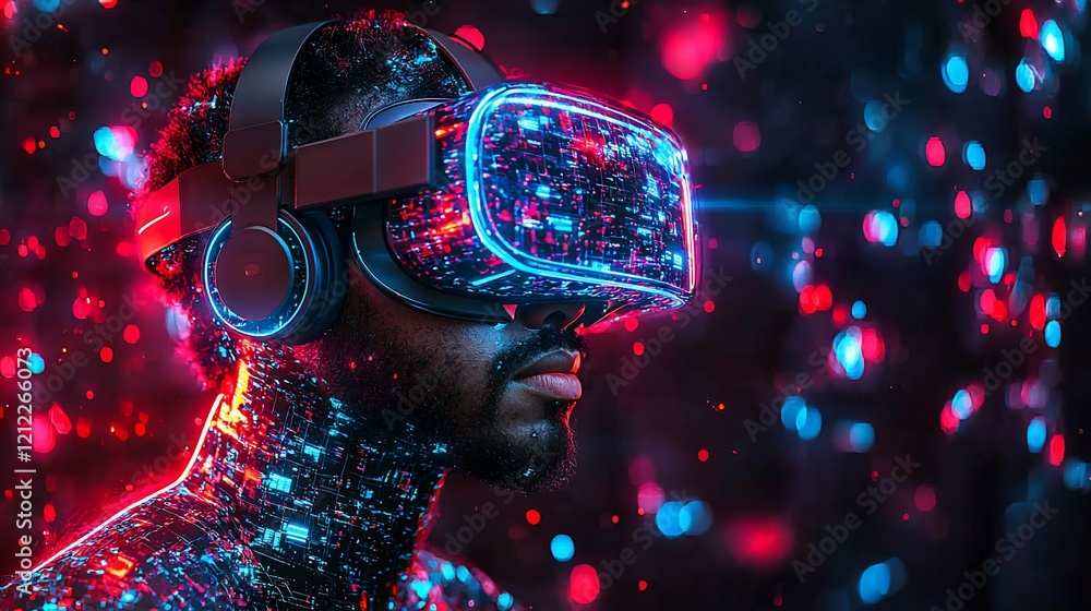 Poster man experiencing immersive virtual reality.