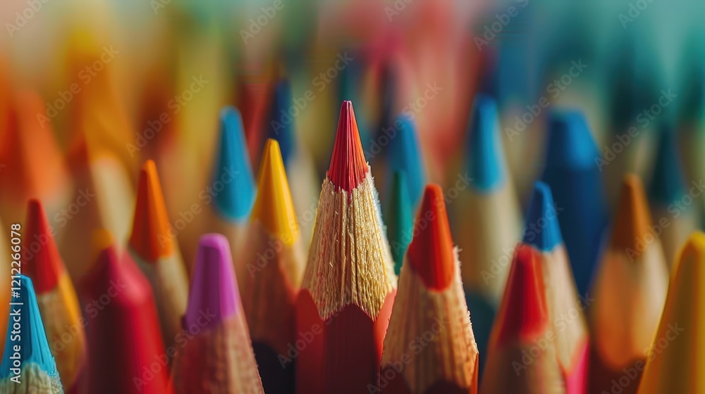 Poster vibrant colored pencils in a rainbow array with sharp tips